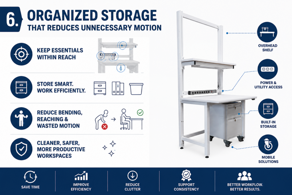 Infographic illustrating organized workstation storage solutions that reduce unnecessary movement and improve efficiency in technical workspaces.