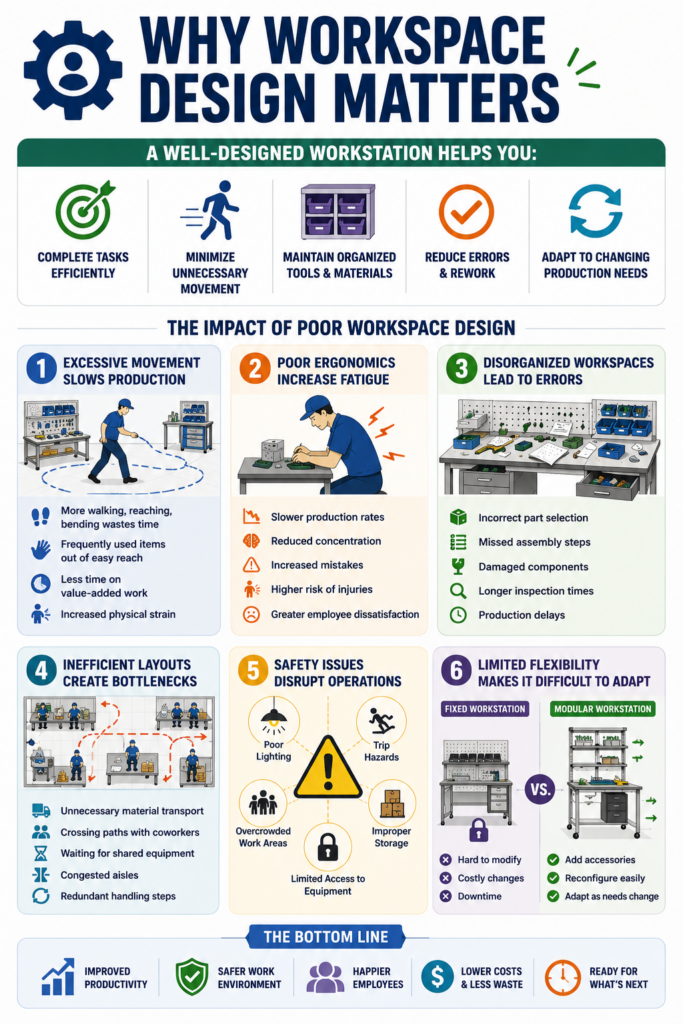 Infographic explaining why workspace design matters and how poor workstation layouts reduce productivity, increase errors, and create safety risks in manufacturing.