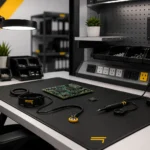 ESD workstation with grounding equipment, task lighting, storage, and electronics tools designed for safe and efficient handling of sensitive components.