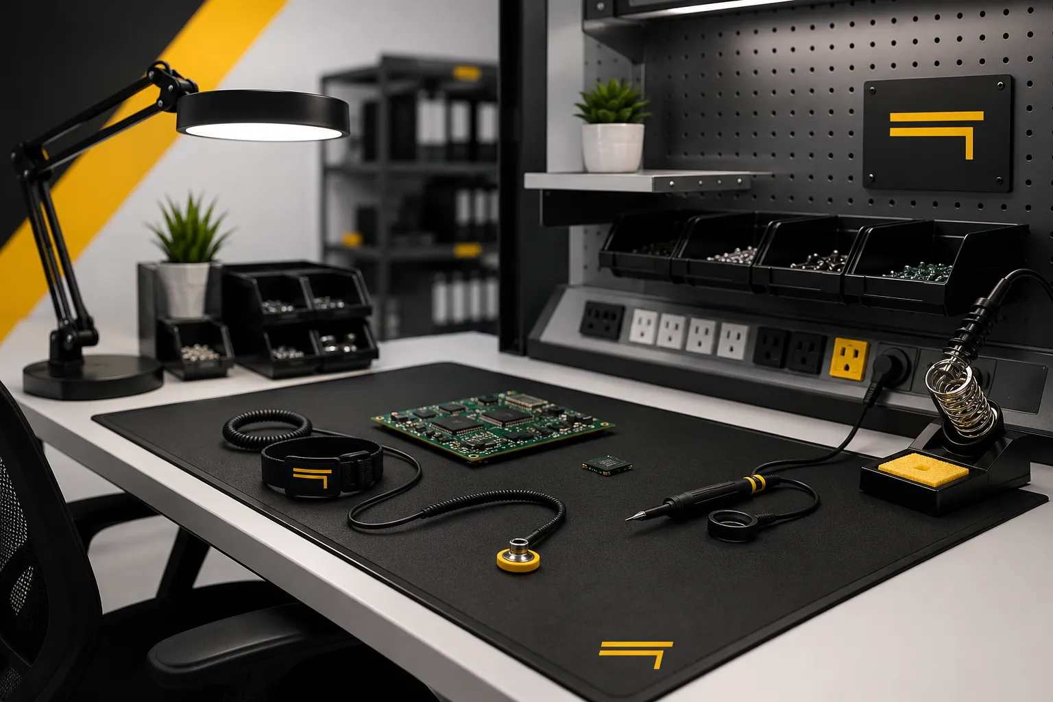 ESD workstation with grounding equipment, task lighting, storage, and electronics tools designed for safe and efficient handling of sensitive components.