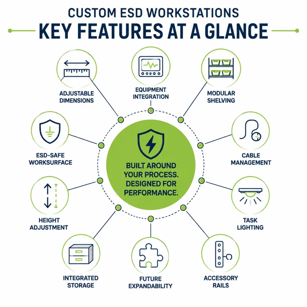 Infographic highlighting custom ESD workstation features, including adjustable dimensions, ESD-safe surfaces, equipment integration, modular shelving, cable management, task lighting, storage, and height adjustment.