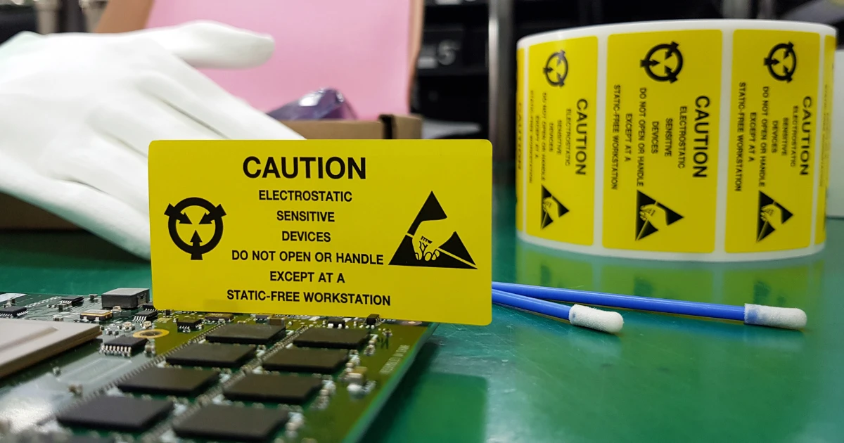 Electrostatic-sensitive electronic components at an ESD-safe workstation, highlighting the need for custom ESD workstations in electronics manufacturing.