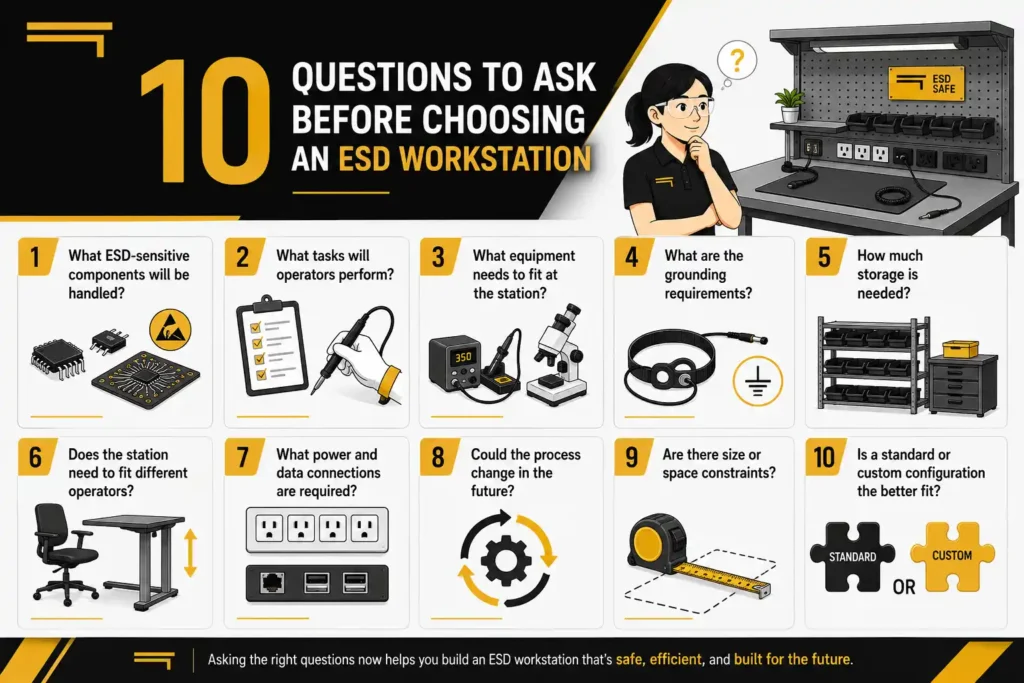 Infographic outlining ten questions to ask when choosing an ESD workstation, including grounding, equipment, storage, power, operator needs, space constraints, and custom configuration.