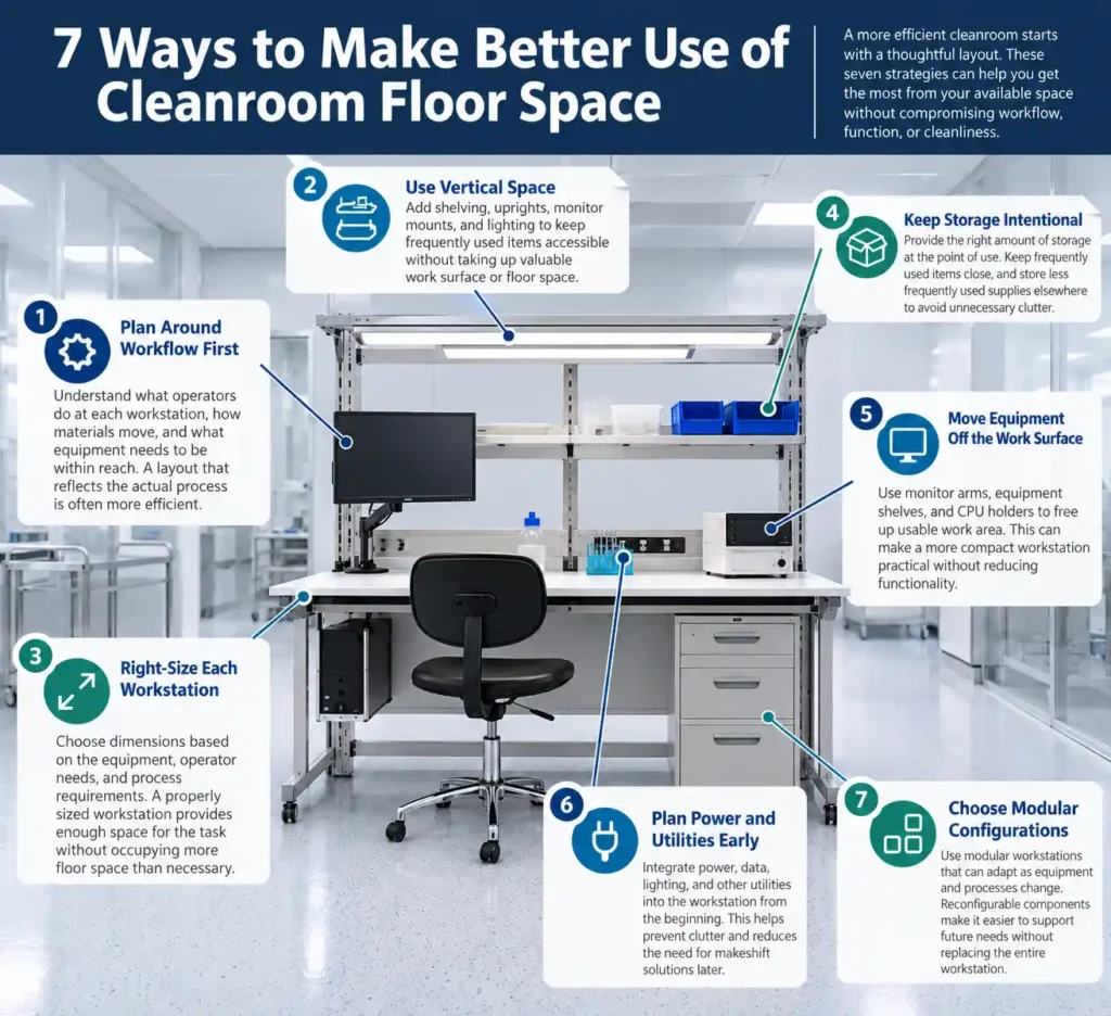 Infographic showing seven ways to make better use of limited cleanroom floor space, including vertical storage, right-sized workstations, integrated utilities, and modular configurations.