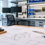 Custom industrial workstation design with engineering plans, equipment, storage, and adjustable workspace components.