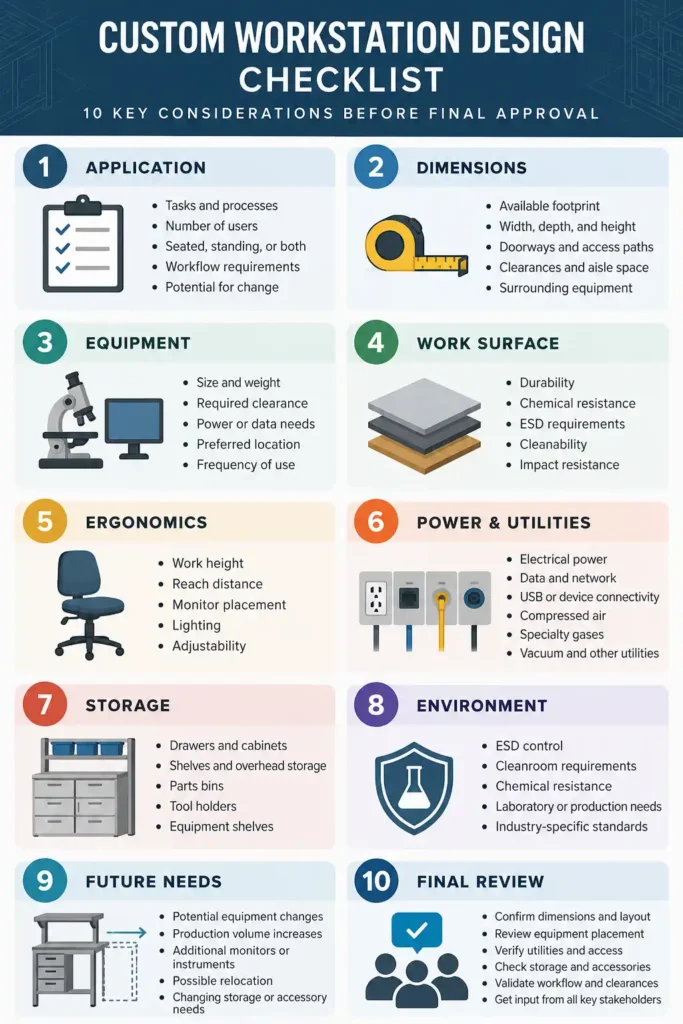 Infographic showing a custom workstation design checklist covering application, dimensions, equipment, work surface, ergonomics, utilities, storage, environment, and future needs.