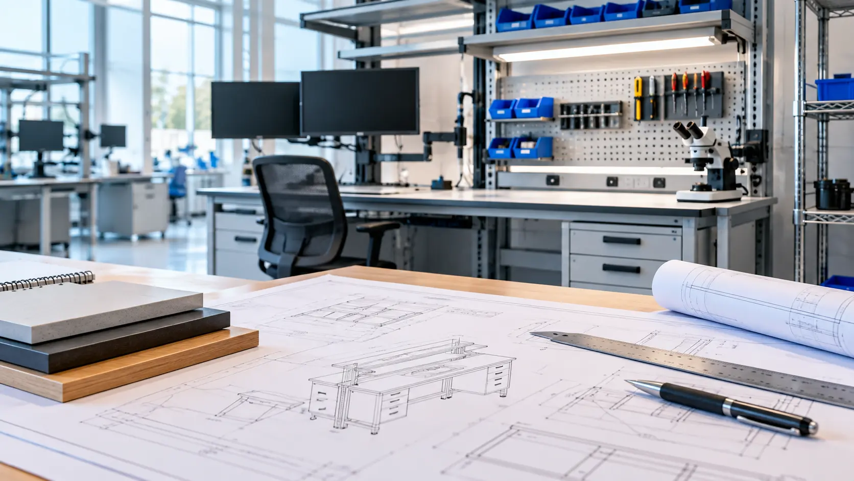 Custom industrial workstation design with engineering plans, equipment, storage, and adjustable workspace components.