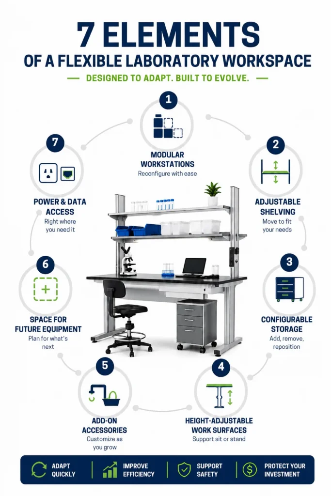 Infographic showing seven elements of a flexible laboratory workspace, including modular workstations, adjustable shelving, configurable storage, height-adjustable surfaces, accessories, future equipment space, and power and data access.
