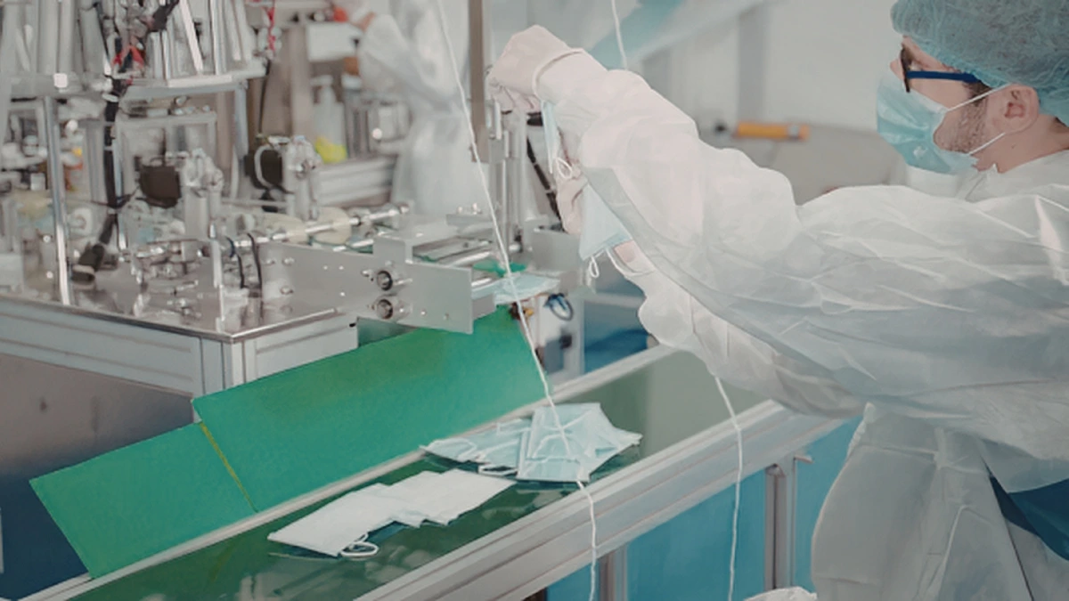 Cleanroom technician working with manufacturing equipment in a space-efficient cleanroom production area.