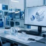 Medical device manufacturing workstation with computer-aided design equipment and medical device components in a production facility.