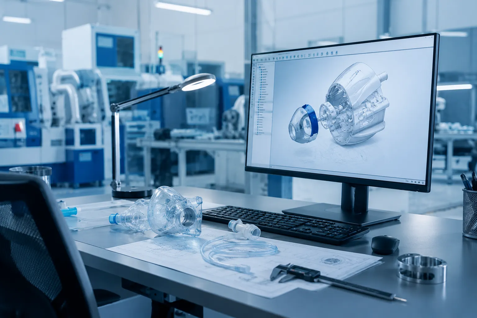 Medical device manufacturing workstation with computer-aided design equipment and medical device components in a production facility.