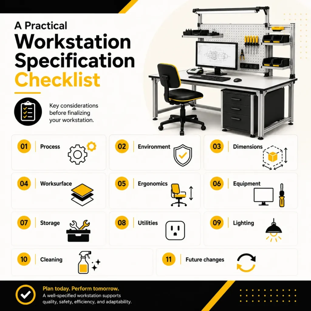 Infographic showing a medical device manufacturing workstation specification checklist covering process, environment, dimensions, work surface, ergonomics, equipment, storage, utilities, lighting, cleaning, and future changes.
