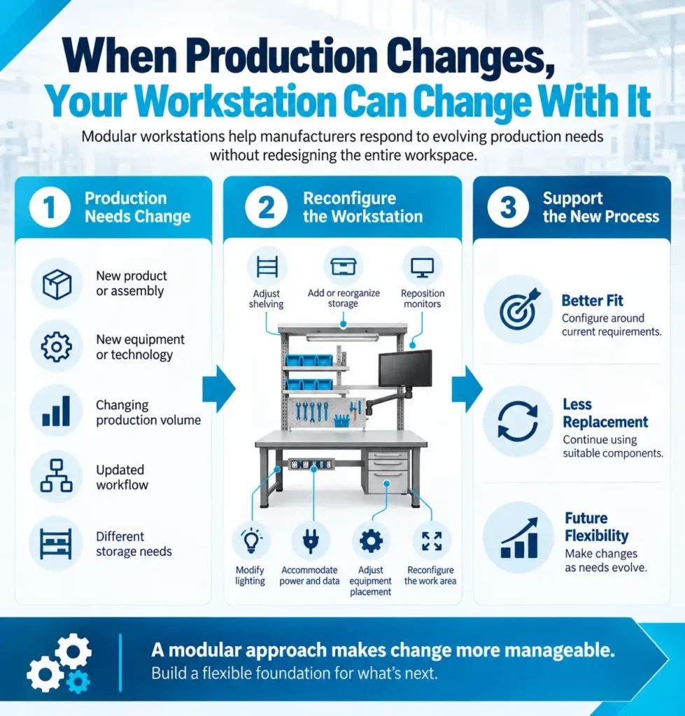 Infographic showing how modular workstations can be reconfigured to accommodate production line changes, equipment, storage, and workflow needs.