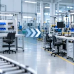 Modular workstations configured on a manufacturing production line to support changing equipment and workflows.