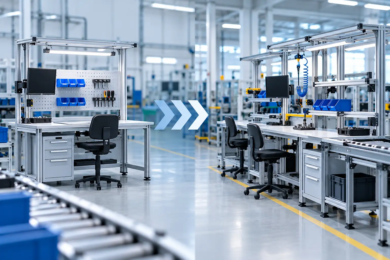 Modular workstations configured on a manufacturing production line to support changing equipment and workflows.